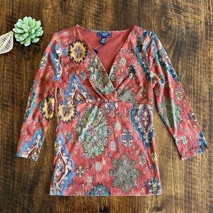 CHAPS | Faux Wrap Neckline, Double Knit Mesh Southwestern Print Blouse, NWT